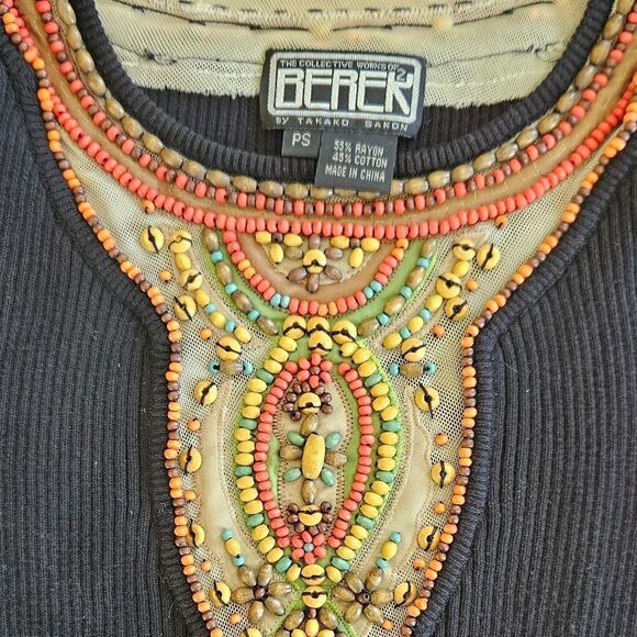 Vintage Berek Takako Sakon Hand Wood Beaded Artisan Ribbed Knit Top Sweater SP - Picture 7 of 7